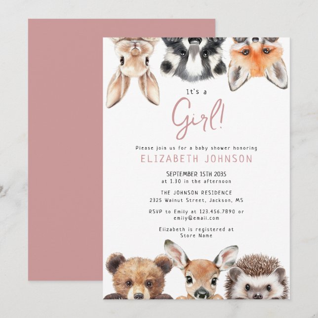 Pink Girl Cute Forest Woodland Animals Baby Shower Invitation (Front/Back)