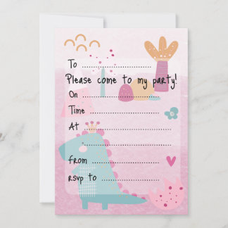 Pink Girl Dino Birthday Party Fill--In Invitation