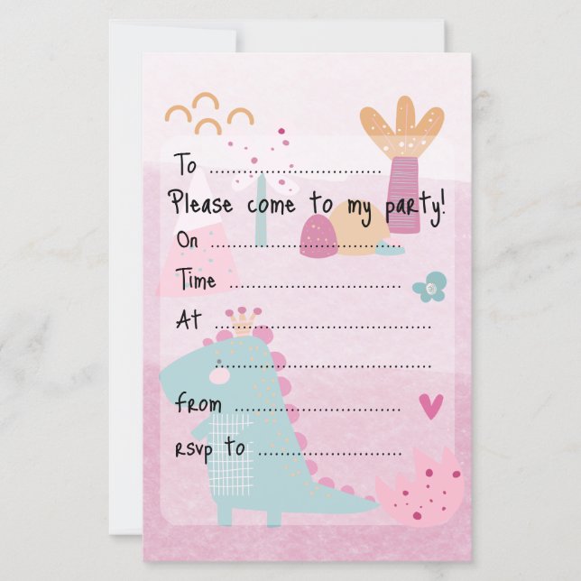 Pink Girl Dino Birthday Party Fill--In Paper Sheet (Front)