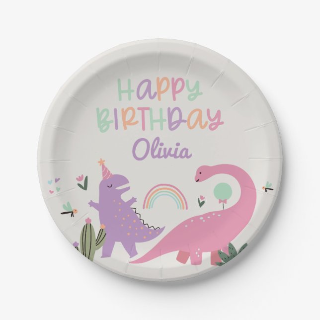 Pink Girl Dinosaur 5th Birthday Party Foam Sign Paper Plate (Front)