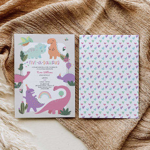 Pink Girl Dinosaur 5th Birthday Party Invitation