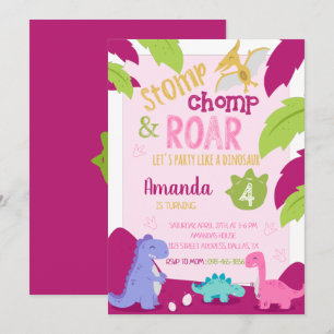 Pink Girl Dinosaur Birthday Invitation