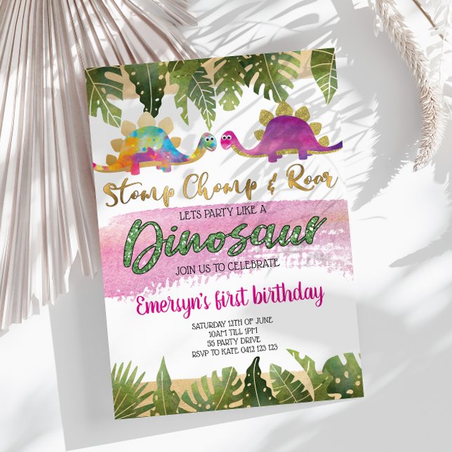 Pink Girl Dinosaur Birthday Invitation (Creator Uploaded)