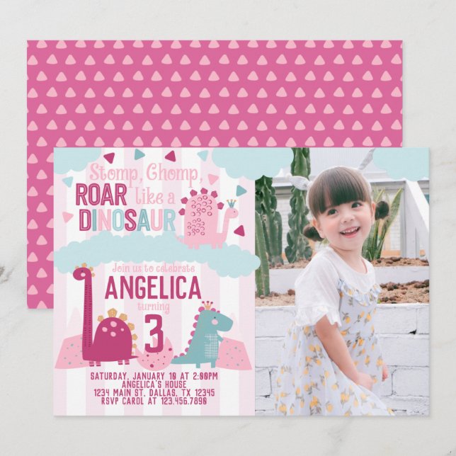 Pink Girl Dinosaur Birthday Party Themed Invitatio Invitation (Front/Back)
