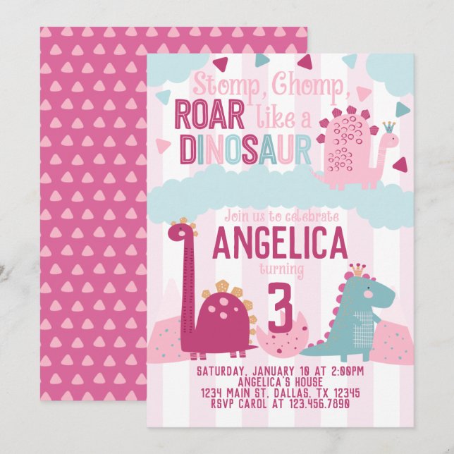 Pink Girl Dinosaur Birthday Party Themed Invitation (Front/Back)