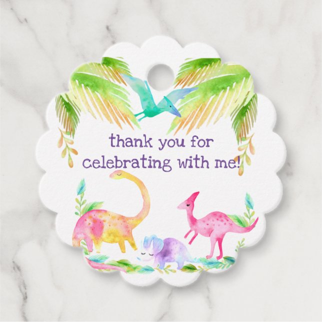 Pink Girl Dinosaur Favour Tag (Front)