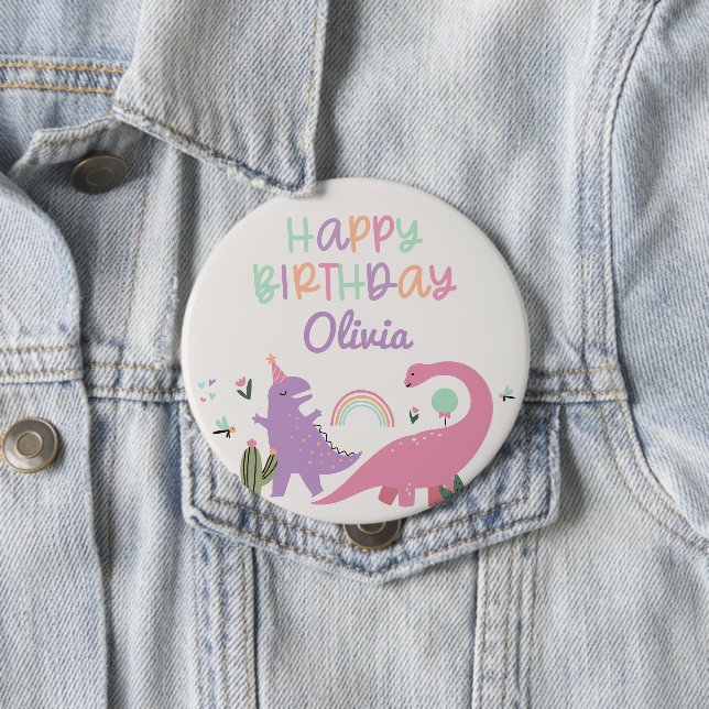 Pink Girl Dinosaur Happy Birthday Button (In Situ)