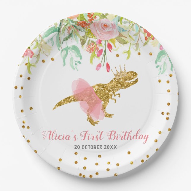 Pink Girl Dinosaur Paper Party Plate (Front)