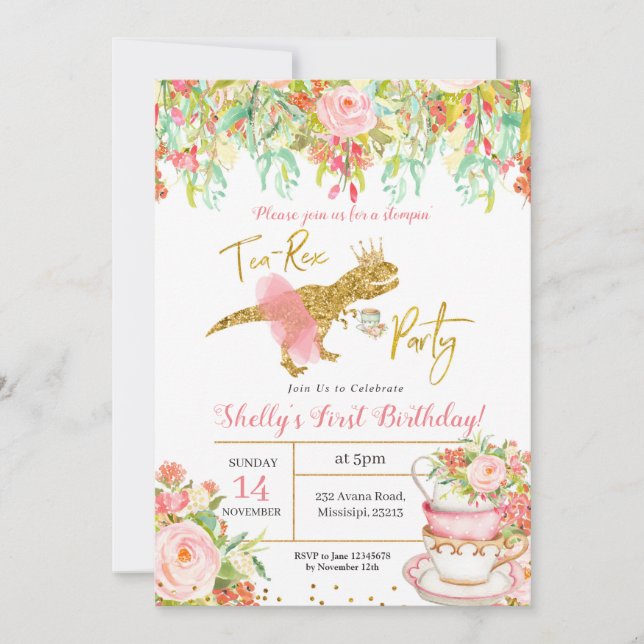 Pink Girl Dinosaur Tea-Rex Party Invitation (Front)