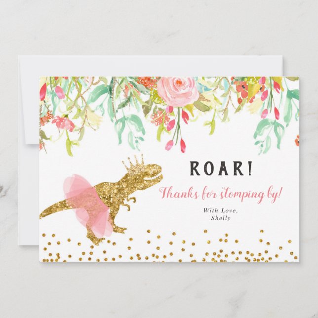 Pink Girl Dinosaur Thank You Card (Front)