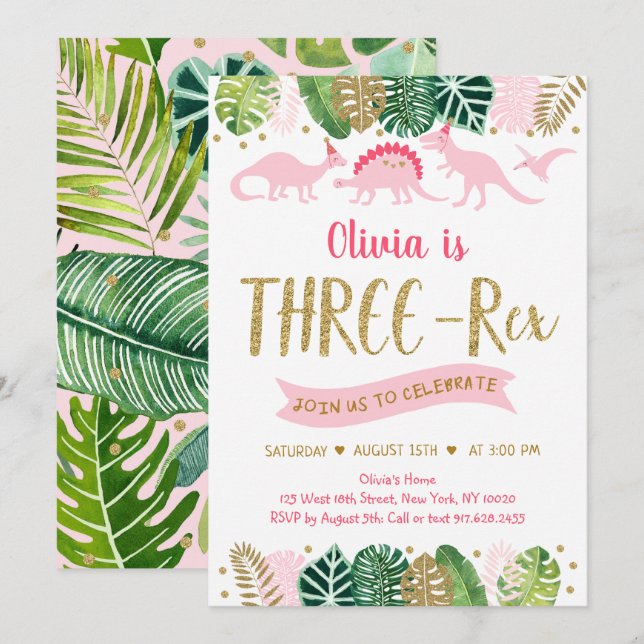 Pink Girl Dinosaur THREE REX Birthday Invitation (Front/Back)