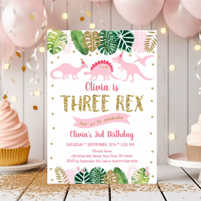 Pink Girl Dinosaur THREE REX Birthday Invitation (Creator Uploaded)