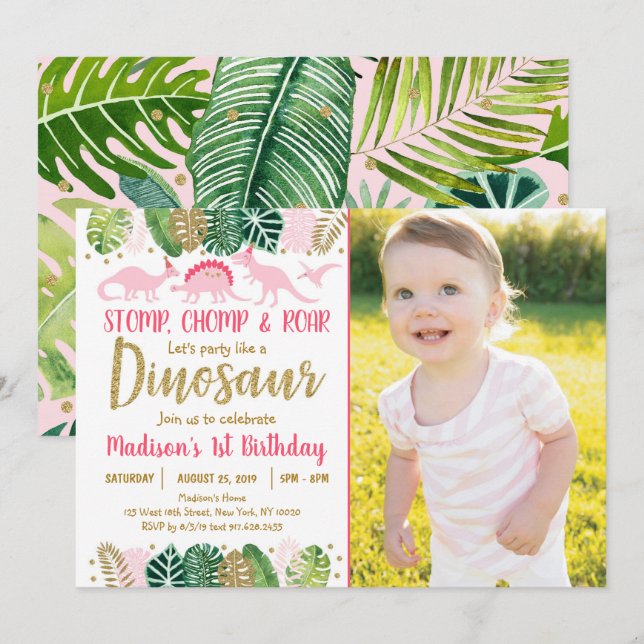 Pink Girl Dinosaur Tropical Birthday Invitation (Front/Back)