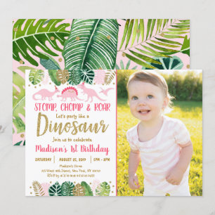 Pink Girl Dinosaur Tropical Birthday Invitation