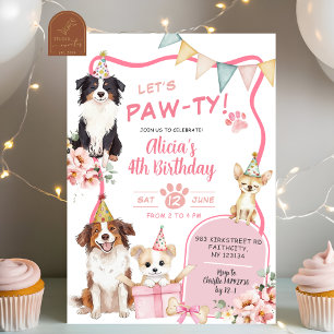 Pink Girl Dog let's Pawty Birthday Invitation