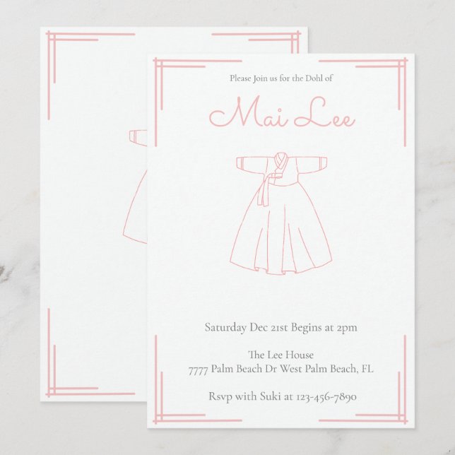 Pink Girl Doljanchi Korean 100 Days Dohl Birthday  Invitation (Front/Back)