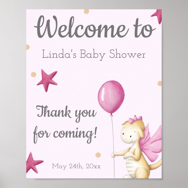 Pink Girl Dragon Welcome Baby Shower Poster (Front)