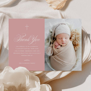 Pink Girl Elegant Cross Calligraphy Photo Baptism Thank You Card