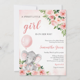 Pink Girl Elephant Baby Shower Invitation
