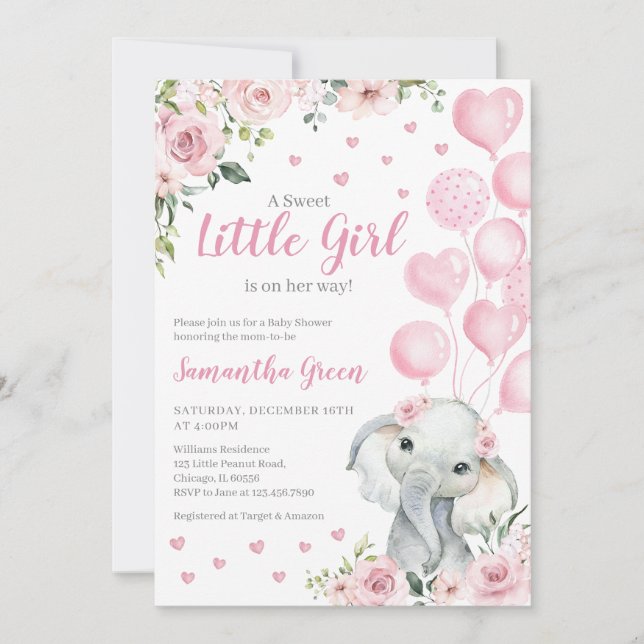 Pink Girl Elephant Baby Shower Invitation (Front)