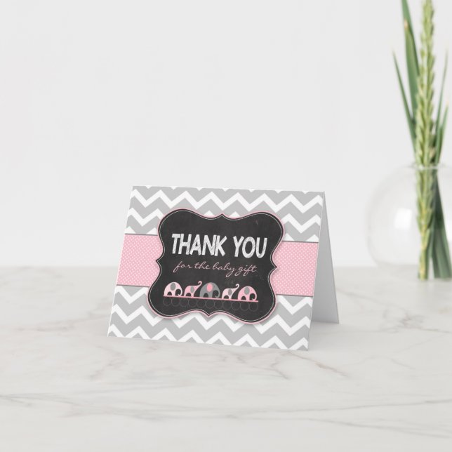 Pink Girl Elephants baby shower thank you notes (Front)