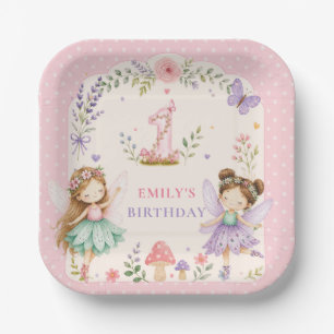 Pink Girl Fairy Garden First Birthday Party Paper Plate