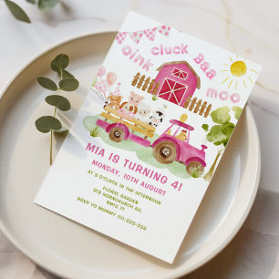 Pink girl Farm animals 4th birthday party Invitation