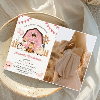 Pink Girl Farm Animals Baby Shower Party Photo  Invitation