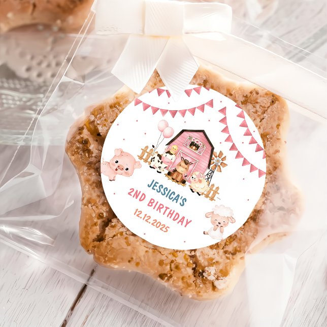 Pink Girl Farm Animals Birthday Party Classic Round Sticker (Creator Uploaded)