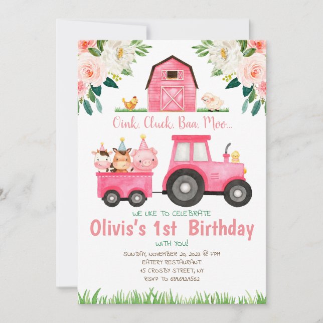 Pink girl Farm animals birthday party Invitation (Front)