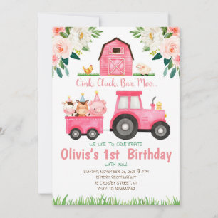 Pink girl Farm animals birthday party Invitation
