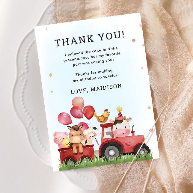 Pink Girl Farm Animals Birthday Thank You Card (Creator Uploaded)