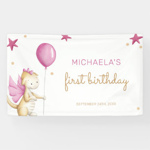 Pink Girl First Birthday Dragon Party Banner