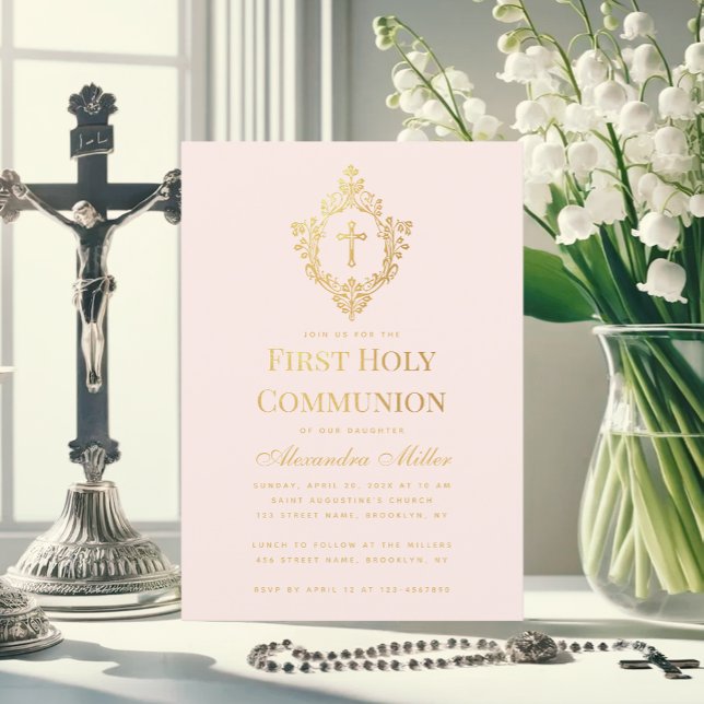 Pink Girl First Communion Faux Gold Crest Blush Invitation (Creator Uploaded)