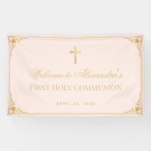 Pink Girl First Communion Faux Gold Cross Welcome Banner
