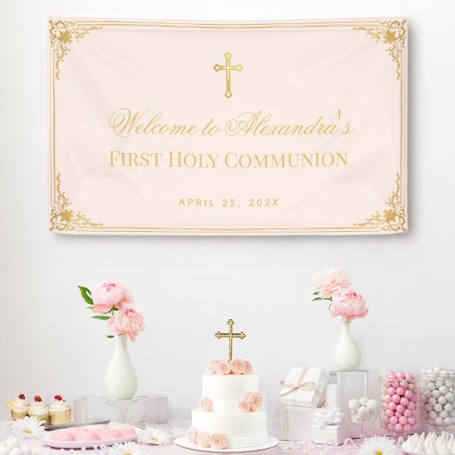 Pink Girl First Communion Faux Gold Cross Welcome  Banner (Creator Uploaded)