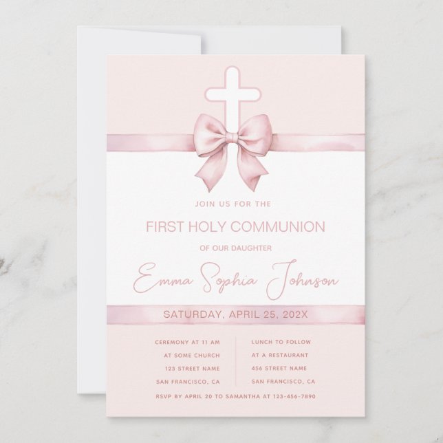 Pink Girl First Communion Ribbon Bow and Cross Invitation (Front)