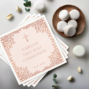 Pink Girl First Communion Rose Gold Leaves Elegant Napkin