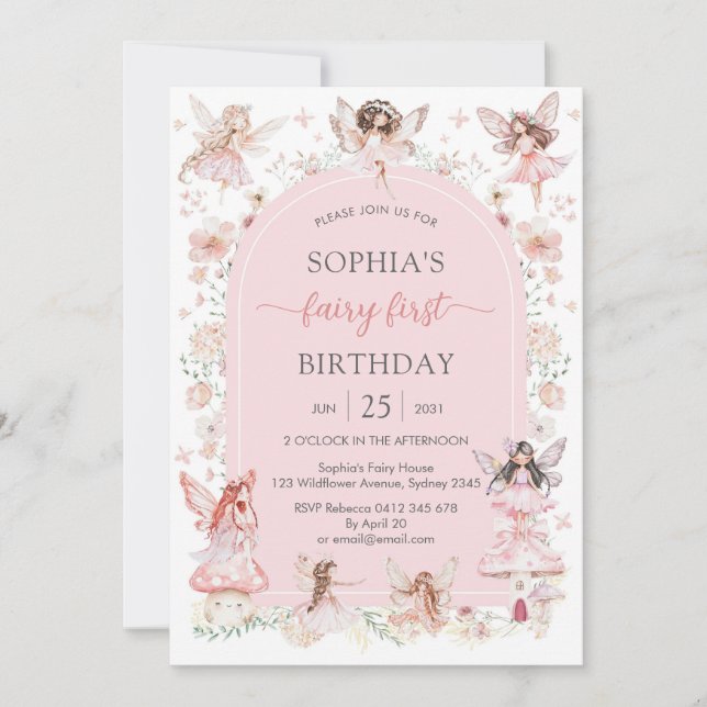 Pink Girl Floral Fairy First 1st Birthday Invitation (Front)
