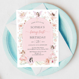 Pink Girl Floral Fairy First 1st Birthday Invitation