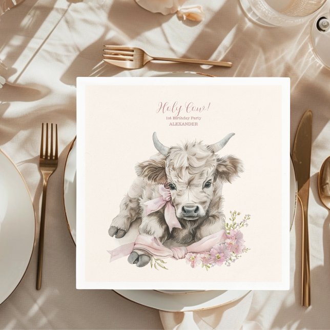 Pink Girl Floral Highland Cow 1st Birthday Napkin (Creator Uploaded)