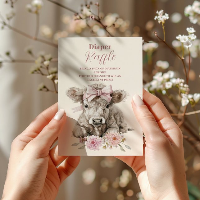 Pink Girl Floral Highland Cow Baby  Raffle Diapper Enclosure Card (Creator Uploaded)