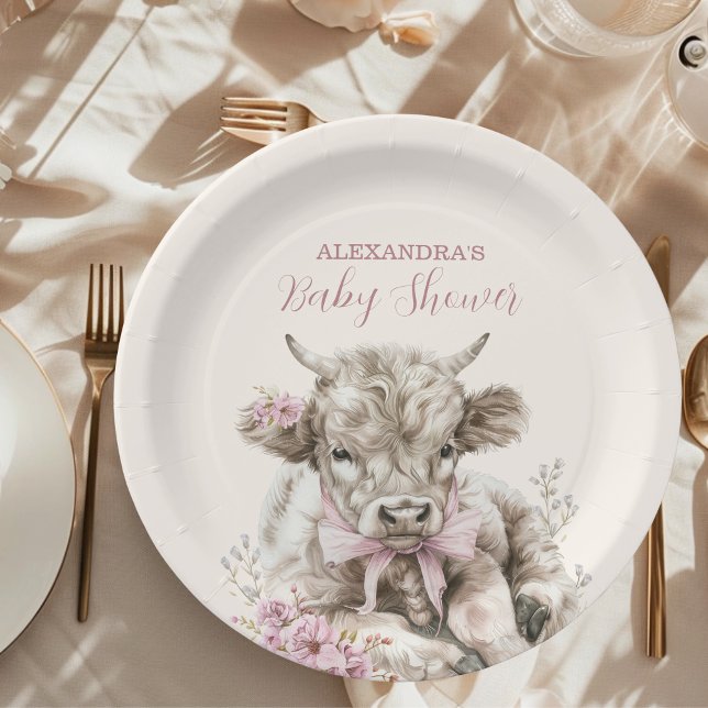 Pink Girl Floral Highland Cow Baby Shower  Paper Plate (Creator Uploaded)