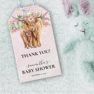 Pink Girl Floral Highland Cow Calf Baby Shower Gift Tags