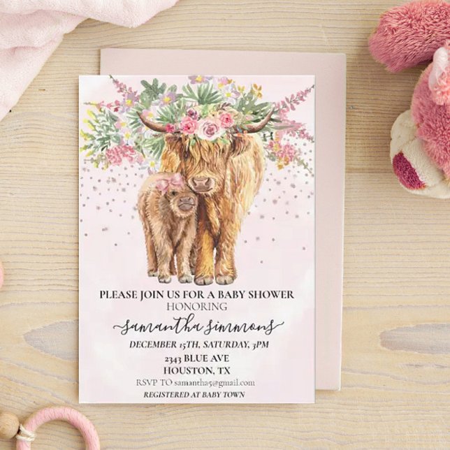 Pink Girl Floral Highland Cow Calf Baby Shower   Invitation (Creator Uploaded)