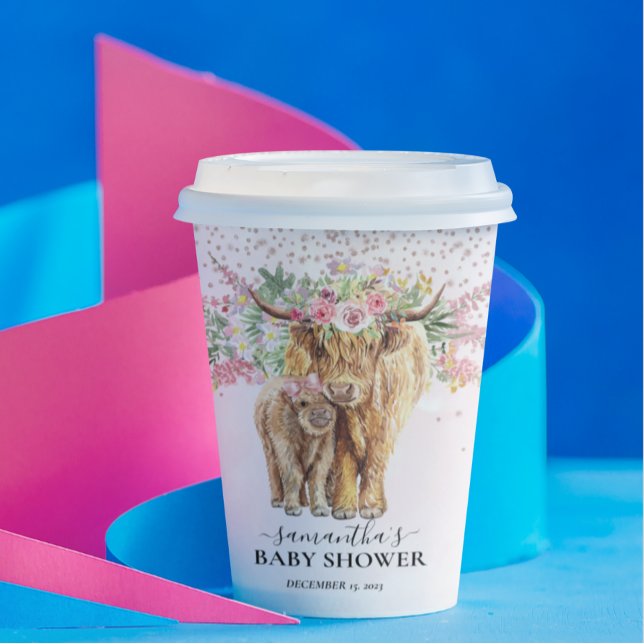 Pink Girl Floral Highland Cow Calf Baby Shower Paper Cups (Creator Uploaded)