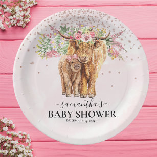 Pink Girl Floral Highland Cow Calf Baby Shower   Paper Plate