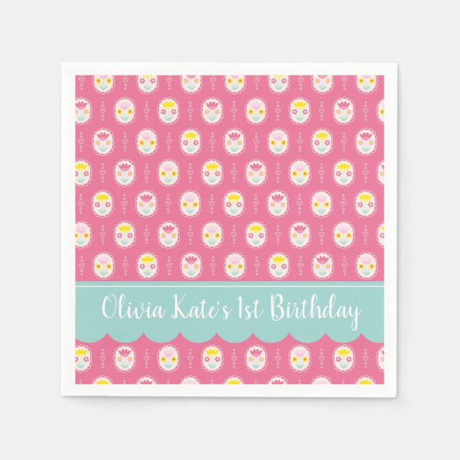 Pink Girl Floral Pattern 1st Birthday Napkin (Front)