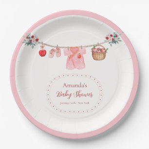 Pink Girl Flower Apple Clothesline Baby Shower Paper Plate