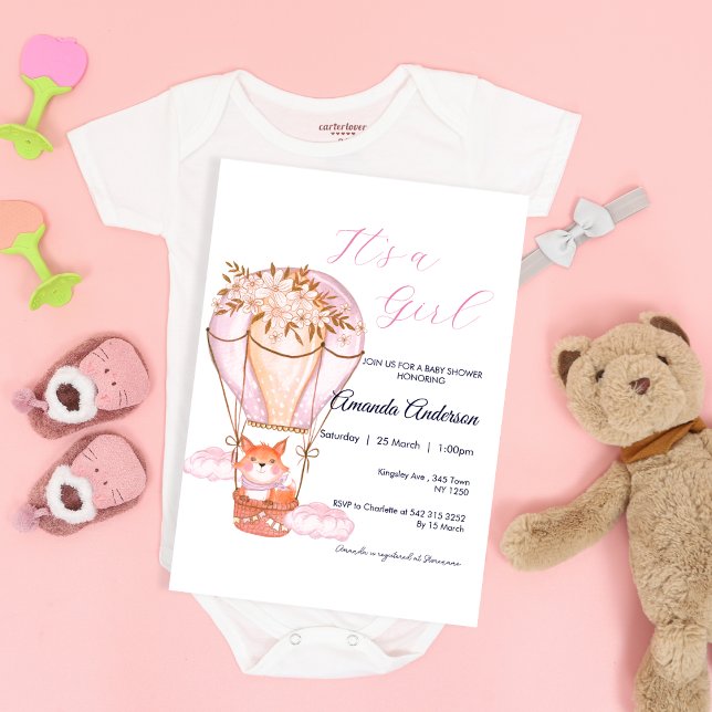 Pink Girl Fox Balloon Baby Shower Invitation (Pink Girl Fox Balloon Baby Shower Invite)